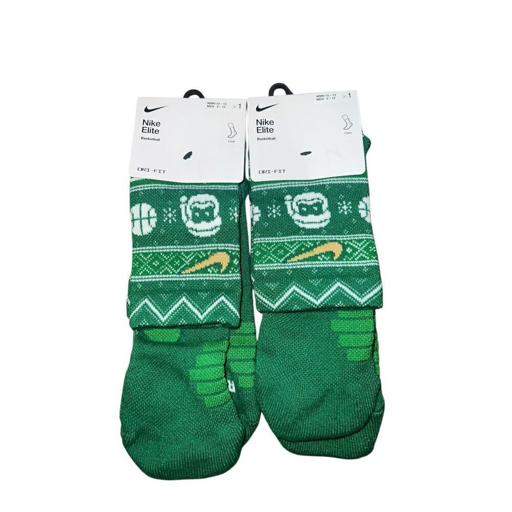 2 Nike ELITE Crew Basketball Socks CHRISTMAS green dri fit santa holidays W10-13
